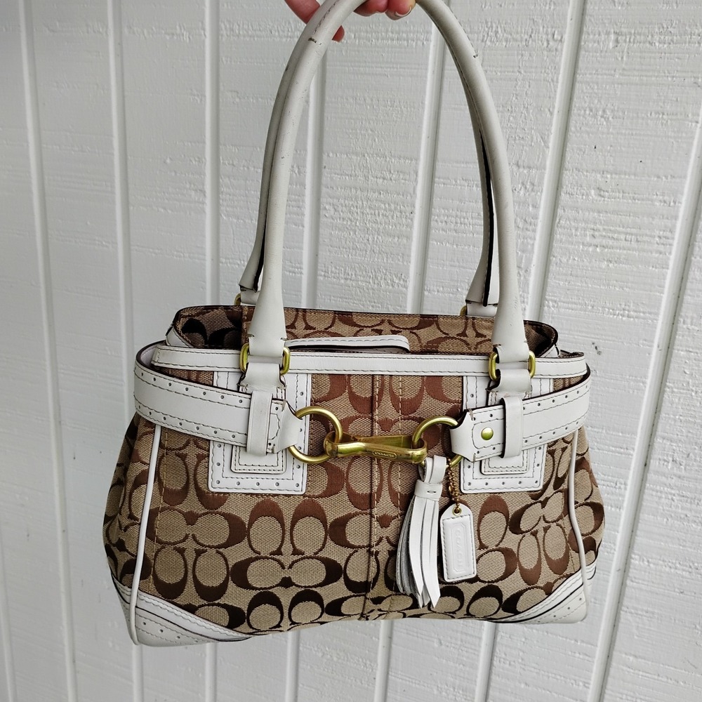 Coach Hampton Signature Carryall Handbag Khaki Jacquard Horse Satchel Tassel Y2K